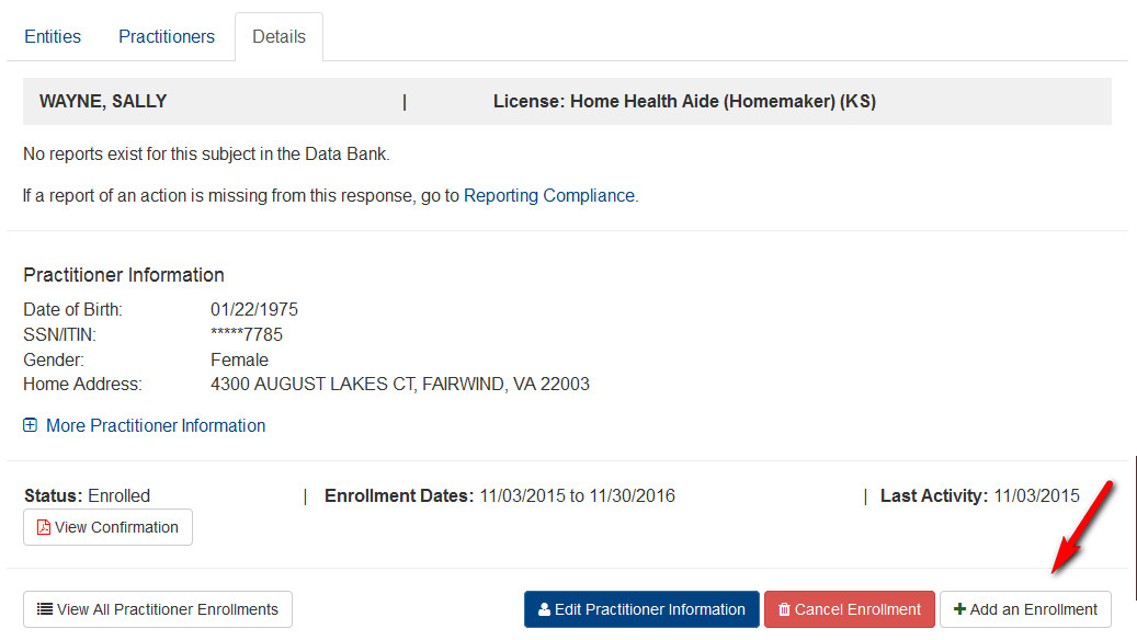 Screenshot of the Adding an Enrollment 