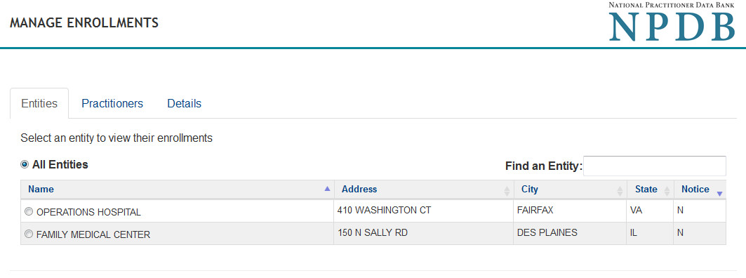 Screenshot of the Managing Enrollments across entities