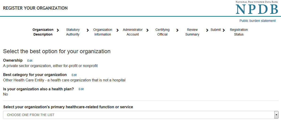 Screenshot of category and primary function selection page